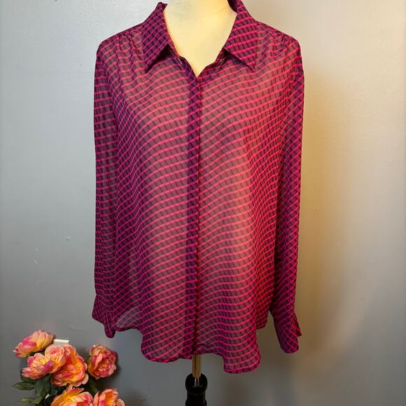 Liz Claiborne Vibrant Purple Pink Sheer Button Up Blouse Cross Plaid Large - Picture 2 of 8
